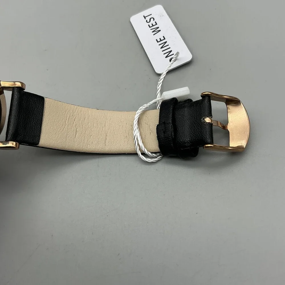 Nine West Womens Watch 36mm MOP Dial Rose Gold Black Faux Leather Minimalist